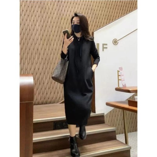 Amazon Autumn and winter hooded sweater dress long over the knee plus size thick Korean version loose and thin dress trendy