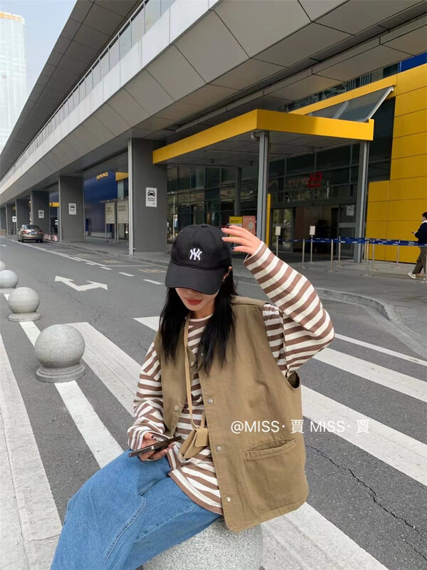 New in early autumn! [MISS Jia] round neck striped long-sleeved T-shirt + comfortable vest suit NK3319# L