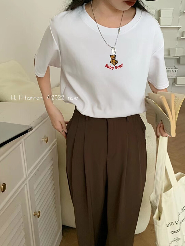 New in autumn! [HH &MISS LAI] round neck all-match embroidered casual short-sleeved T-shirt 3457# L