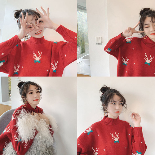 Winter new Christmas elk red half turtleneck sweater women's loose and thin long-sleeved bottoming sweater tide