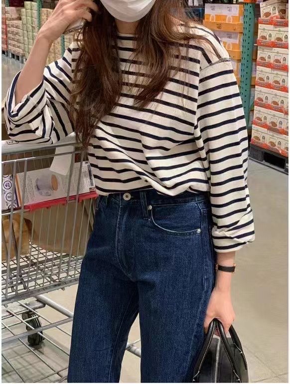 New in autumn! [SELNENE] round neck striped loose long-sleeved T-shirt YS1-5061# XYJ