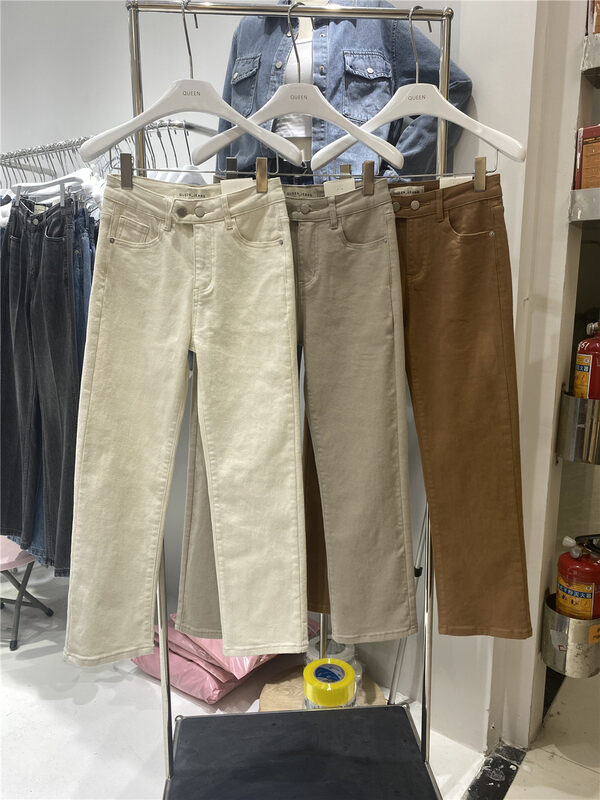 New in autumn!【QUEEN】High-waisted solid color straight-leg jeans 620# OZQ