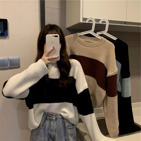 Japanese color matching sweater women's spring and autumn outer wear 2022 new loose pullover lazy style short knitted sweater top