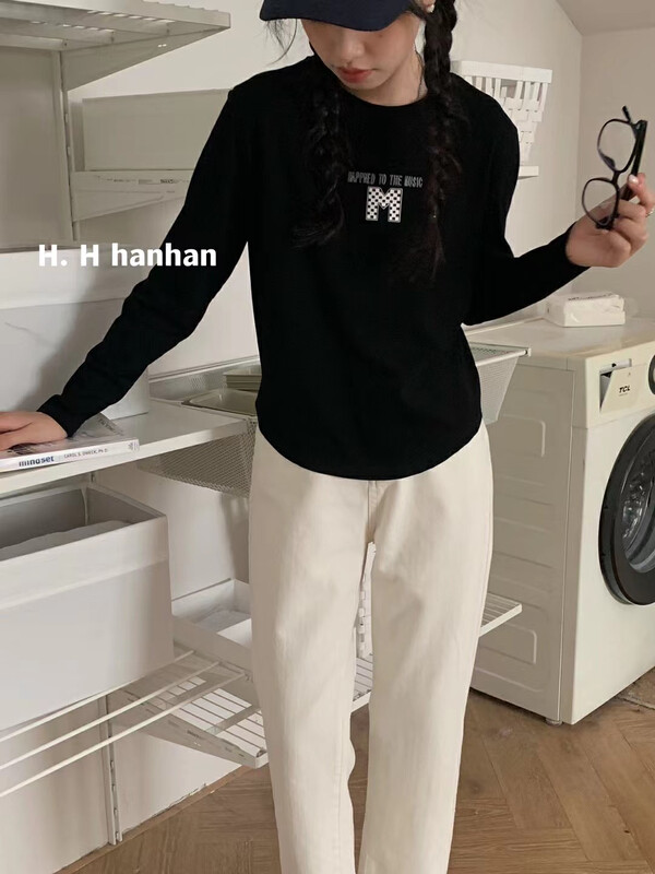 Autumn is new! [HH &MISS LAI] Korean simple letters comfortable all-match long-sleeved T-shirt 290# L