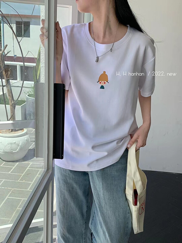 New in autumn! [HH &MISS LAI] round neck all-match printing comfortable short-sleeved T-shirt 3458# L