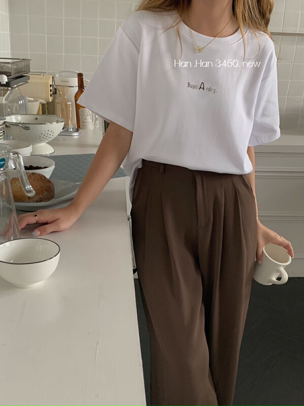 New in autumn! [HH &MISS LAI] Simple letter round neck pullover comfortable short-sleeved T-shirt 3450# L