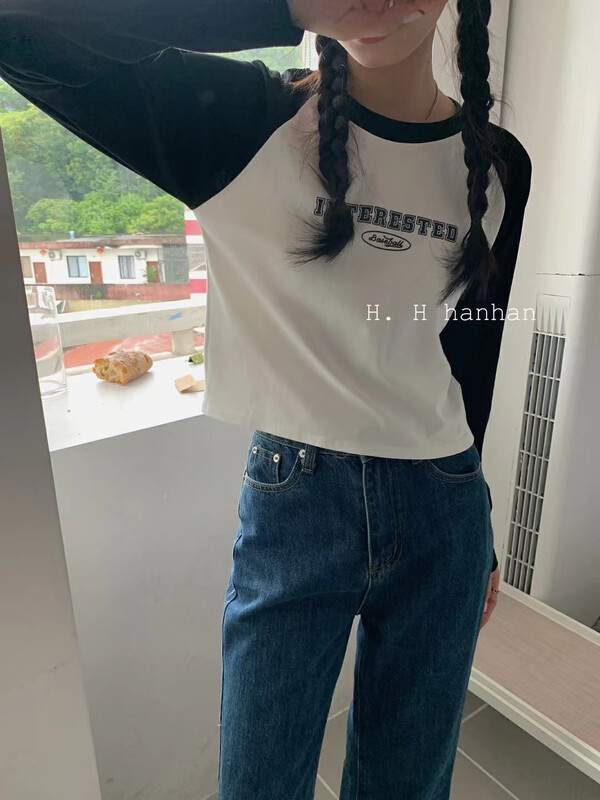 New for Autumn! [HH &MISS LAI] Simple letter color matching comfortable and versatile long-sleeved T-shirt (T-shirt only) 291# L
