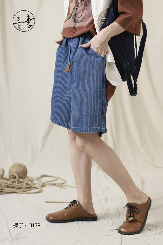 Original price 66.55! [Sansu clothing original] casual striped literary fan denim shorts YS1-31791