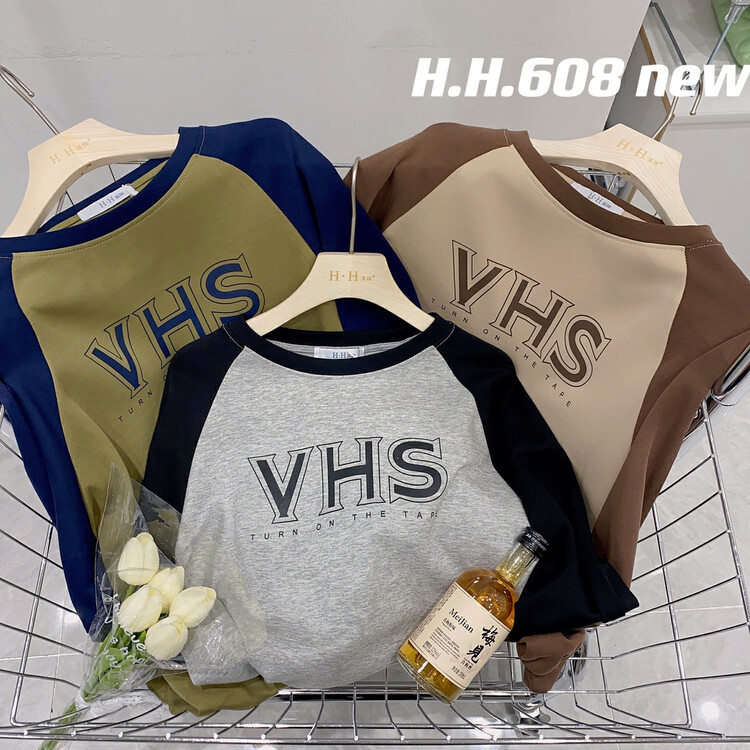 New in autumn! [HH &MISS LAI] Korean color-blocking simple letter long-sleeved T-shirt H608# L