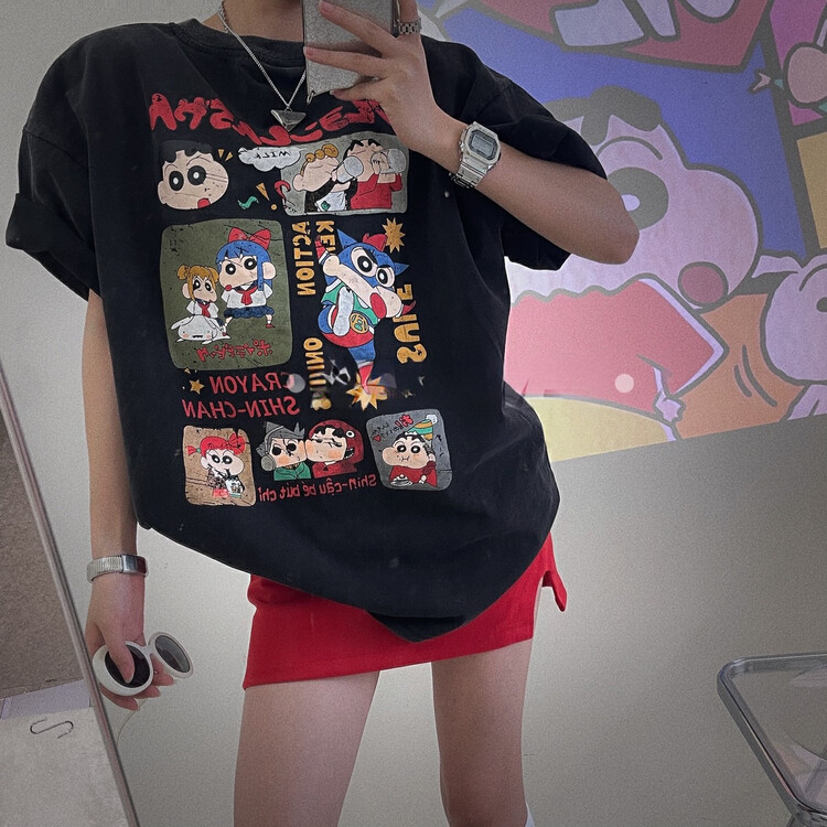 [Shanzhu] Retro Washed Fried Flower Craft Crayon Xiaoxin Short Sleeve T-Shirt T273-2# XYY