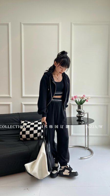 New in Autumn! [HS Korea Custom] Casual Sports Hooded Zipper Sweater + Letter Camisole + Casual Suit 98731# HJY