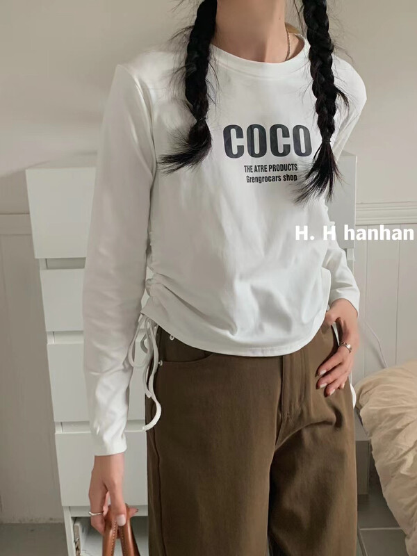 New in autumn! [HH &MISS LAI] round neck letter print drawstring long-sleeved T-shirt 292# L