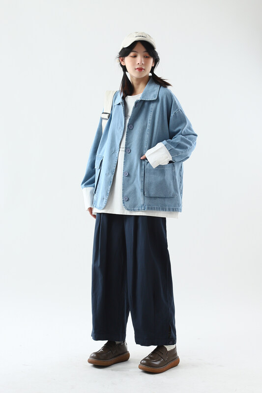 [Original Sansu clothing product] Simple casual literary fan denim jacket with contrast color 33220