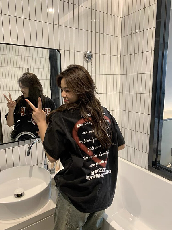 New in early autumn! [Shanzhu] Retro old-fashioned washing process AB surface love print short-sleeved T-shirt 290-3# L