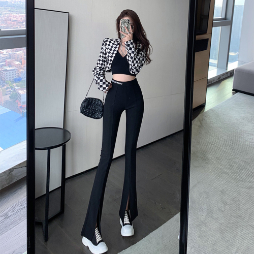 Early spring new style micro pants black split leggings outside wearing small mopping pants drooping flared pants female high waist