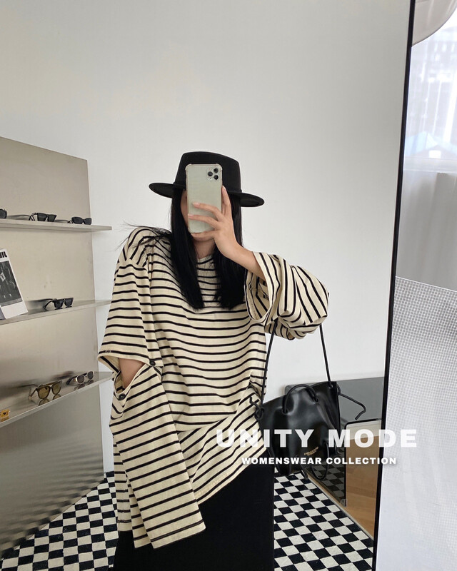 【UNITY】Round Neck Striped Long Sleeve T-Shirt (Women Removable Sleeves) 9512-1# CQW