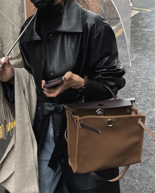 Early autumn new style! [DOUBLE C] Retro contrast color canvas large-capacity shoulder bag 6542A# CYQ