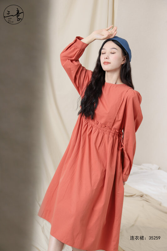 Original price 84.60! [Original Sansu clothing product] Literary lady Fan ruffled waist dress 35259