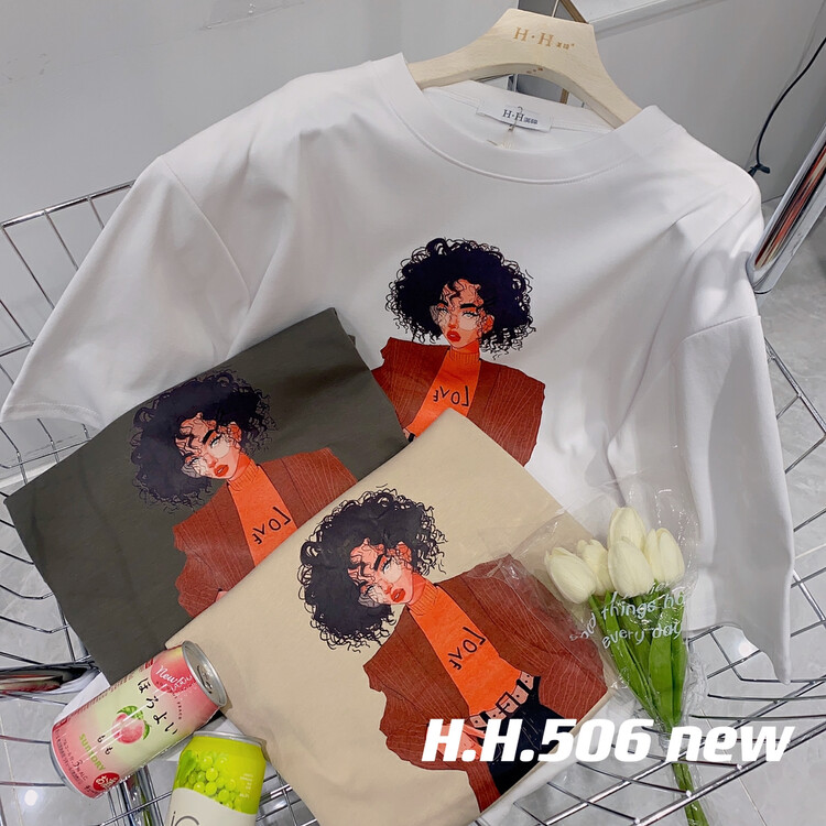 New in autumn!【HH &MISS LAI】Korean printed round neck all-match casual short-sleeved T-shirt 506# L