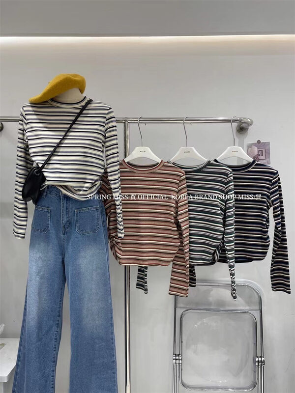 Autumn is new! [MISS Jia] striped comfortable Korean long-sleeved T-shirt (T-shirt only) 6718# L
