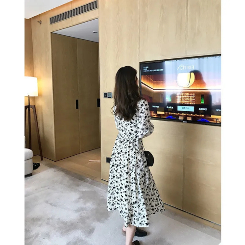 High-end Hepburn style long-sleeved floral dress women's spring and autumn  new v-neck small high waist bottoming long skirt