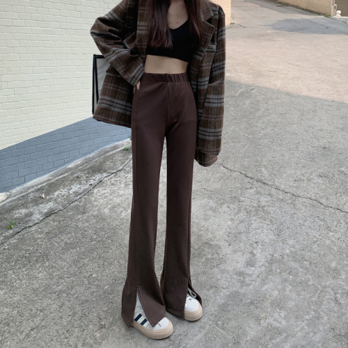 Real shooting real price Korean version of the high-waisted thin slit trousers straight loose wide-leg pants black pendant pants