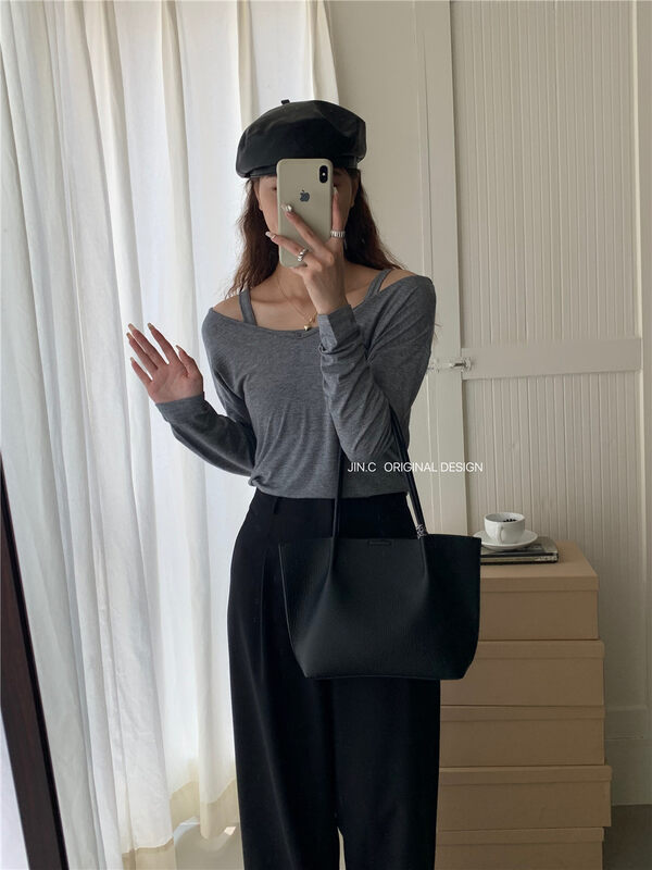Autumn is new! [JIN.C] V-neck pullover long-sleeved T-shirt + all-match vest set H3253# L