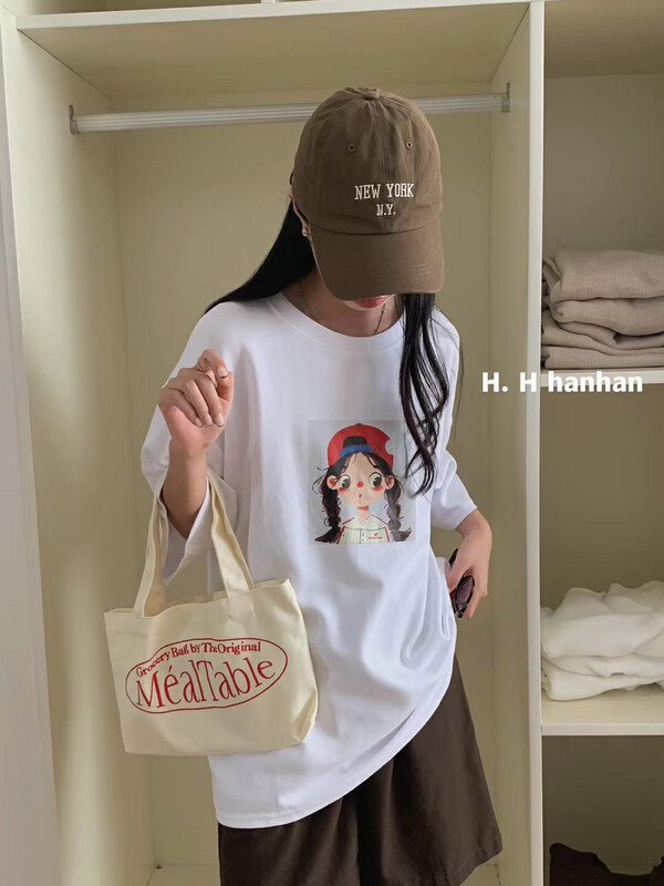New in autumn! [HH &MISS LAI] round neck all-match printed casual short-sleeved T-shirt 505# L