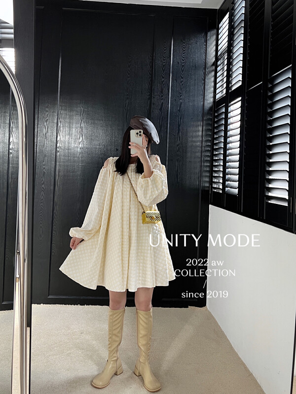 【UNITY】Off-the-shoulder jacquard plaid dress (women's mid-length) F273002# CQW