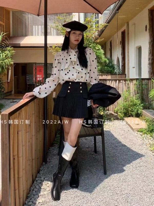 Early autumn new style! [HS Korea Custom] High Waist Double Breasted Pleated Skirt 37060# HJY
