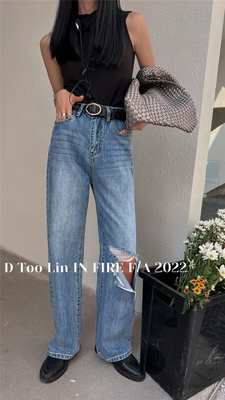 New in early autumn!【DTOO.LIN】Personalized ripped straight jeans (with belt) YS1-HY205# OZQ
