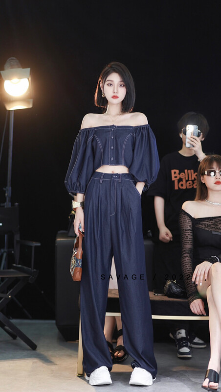 【SAVAGE】Lazy style one word collar puff sleeve top + high waist casual wide leg pants suit E9100# WPL