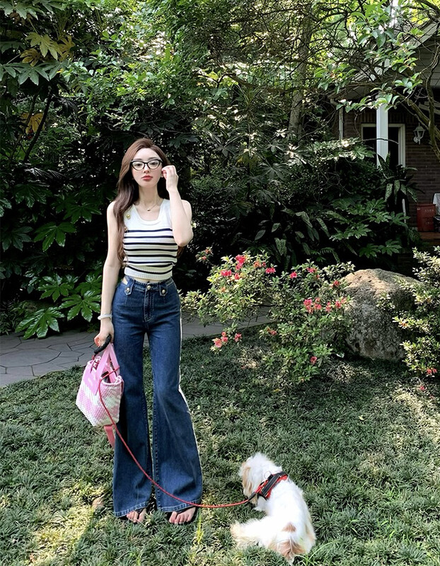 【SAVAGE】French hot girl style high waist hollow buttonhole design all-match thin wide-leg jeans E9189# WPL