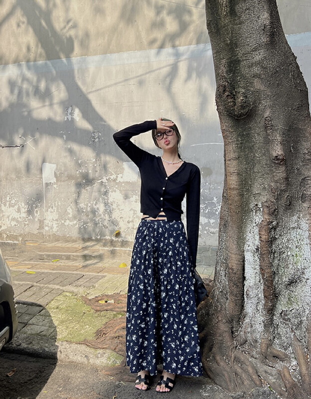 New in early autumn! [SAVAGE] French hot girl style high waist tie A-line floral skirt E9288# WPL