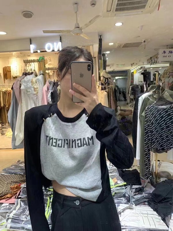 Autumn is new! [G+] New Korean letter print long-sleeved T-shirt (with handmade stitches, detachable, with nails on the front of the shoulder) 836# PCZ