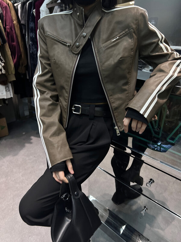 New in autumn! [G+] Vintage stand-up collar fashion leather jacket (with buckle on the neckline) 861# PCZ