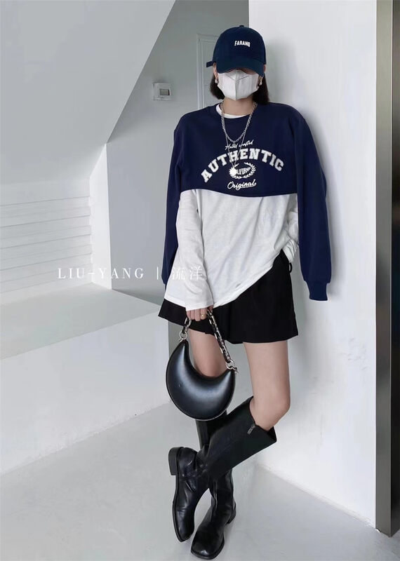 Autumn is new! [LIU-Y] niche design short letter sweater + inner pullover long-sleeved T-shirt suit YS1-16885# XJ