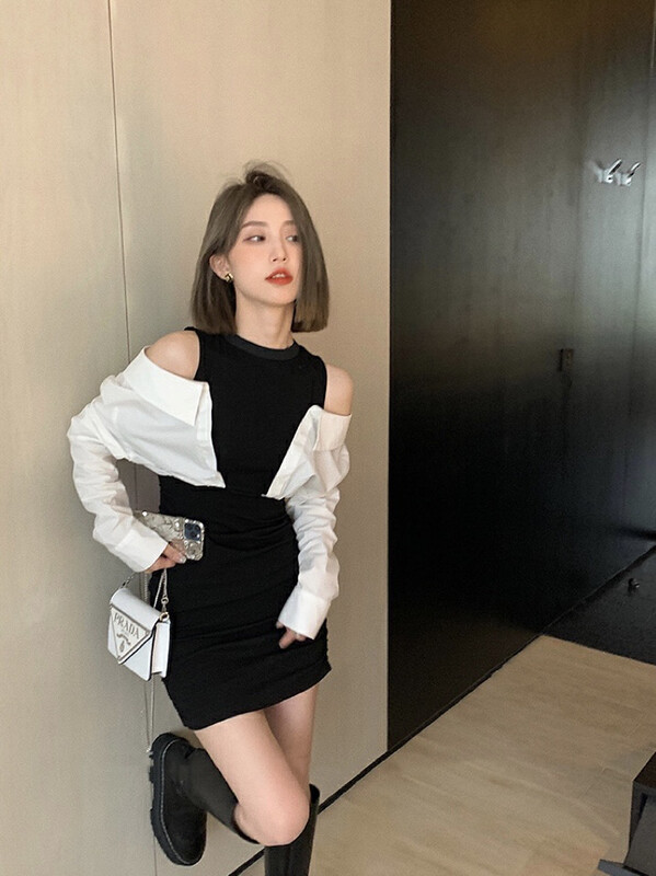【SAVAGE】French sweet and spicy style stitching contrast color off-the-shoulder shirt pleated stretch dress E9059# WPL
