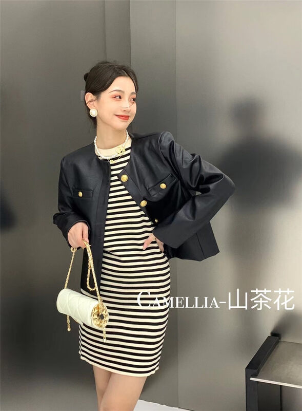 Early autumn new style! [CAMELLIA] temperament round neck leather jacket 9839# HJY