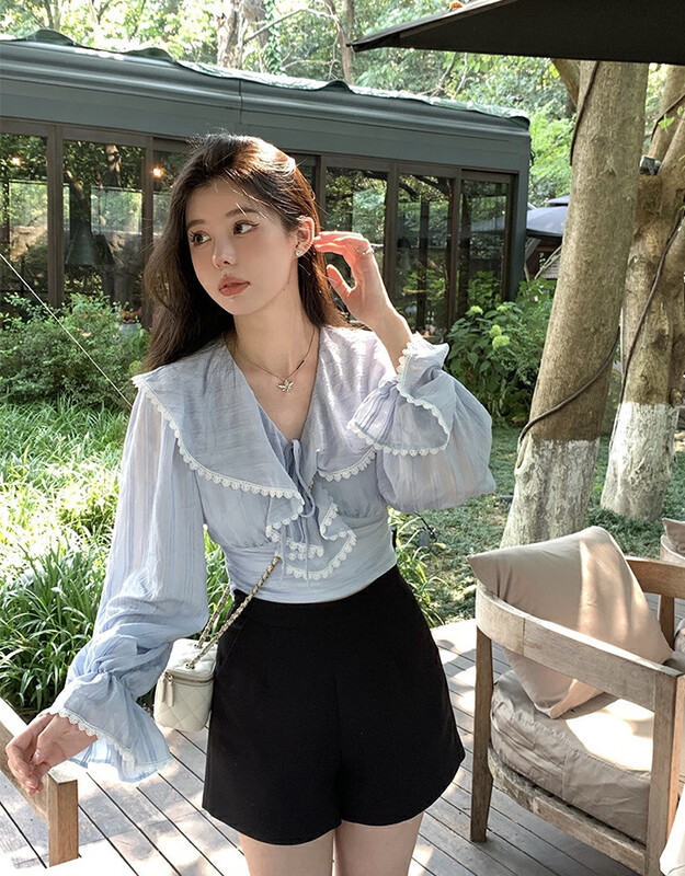 Autumn is new! [SAVAGE] stitching contrast color lace ruffled tie waist shirt E9530# WPL