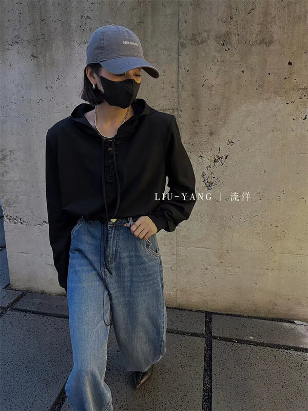 New in early autumn! [LIU-Y] Neckline Tie Hooded Shirt 16873# XJ