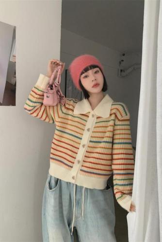 Real shooting real price autumn new Korean version of the lapel striped thin long-sleeved sweater women