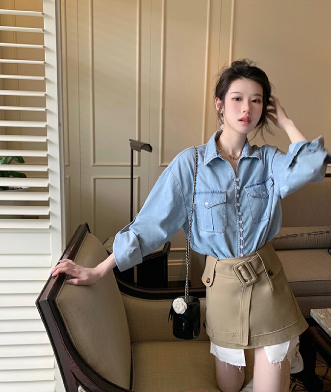 New in early autumn! [SAVAGE] Korean retro lapel pocket elastic button shirt E9223# WPL