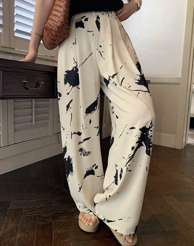 New in early autumn!  【SAVAGE】French Retro High Waist Ink Painting Print Loose Wide Leg Casual Pants E9311# WPL