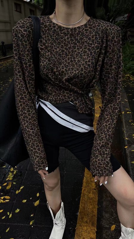 Autumn is new! [G+] Niche design sense shoulder pad leopard print diagonal button all-match knitted sweater (with buttons at the waist) 852# PCZ