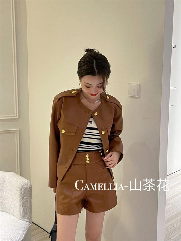秋款上新!【CAMELLIA】氣質PU皮短外套+高腰休閒短褲套裝  9881#  HJY