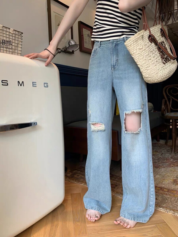 【SAVAGE】Korean style loose colorblock ripped jeans E8859# WPL