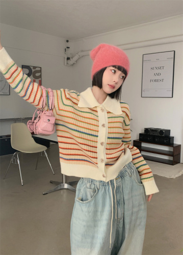 Real shooting real price autumn new Korean version of the lapel striped thin long-sleeved sweater women