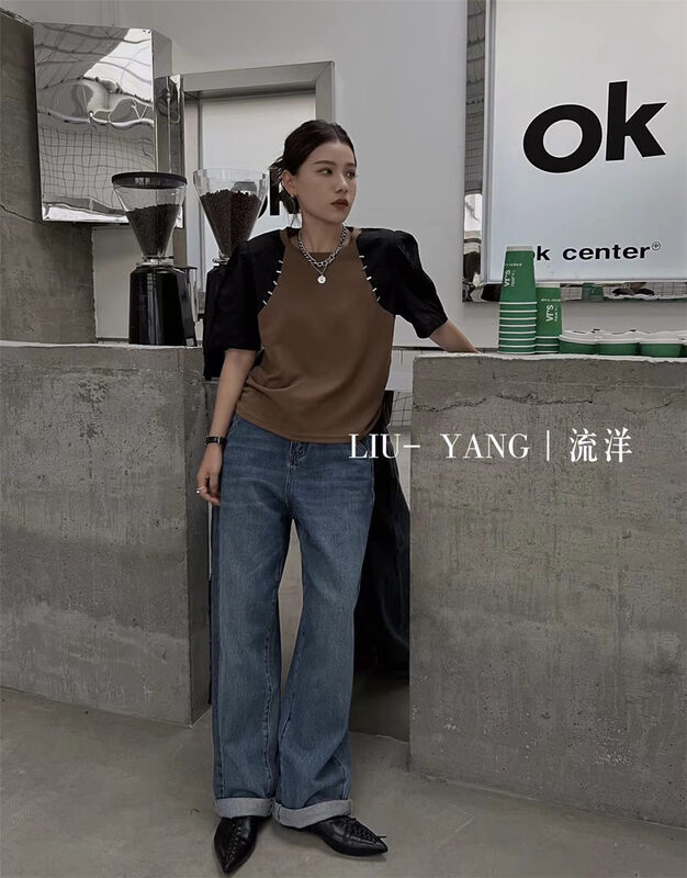 New in early autumn! [LIU-Y] Colorblock side pleated short-sleeved T-shirt 18830# XJ