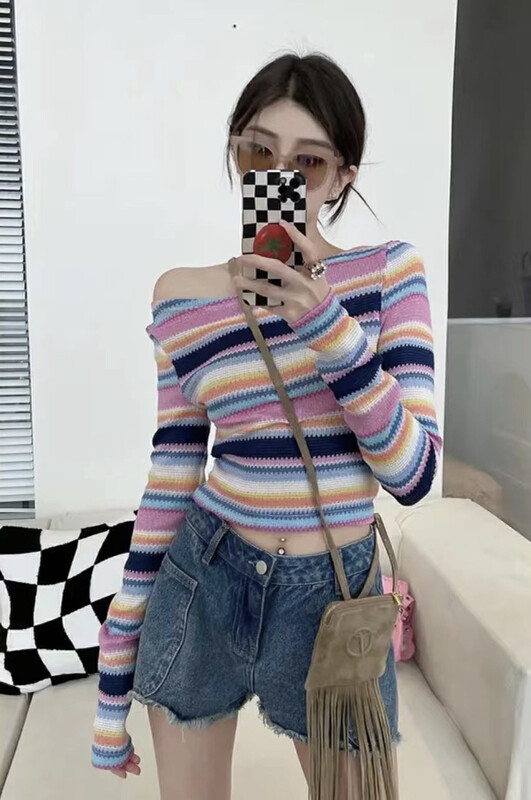 New in autumn! [SAVAGE] Hot girl style one-shoulder design slim fit and slimming contrast stripe long-sleeved T-shirt E9555# WPL
